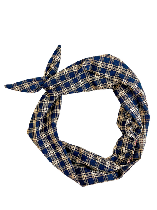 Tie Headband - Tan and Navy Plaid