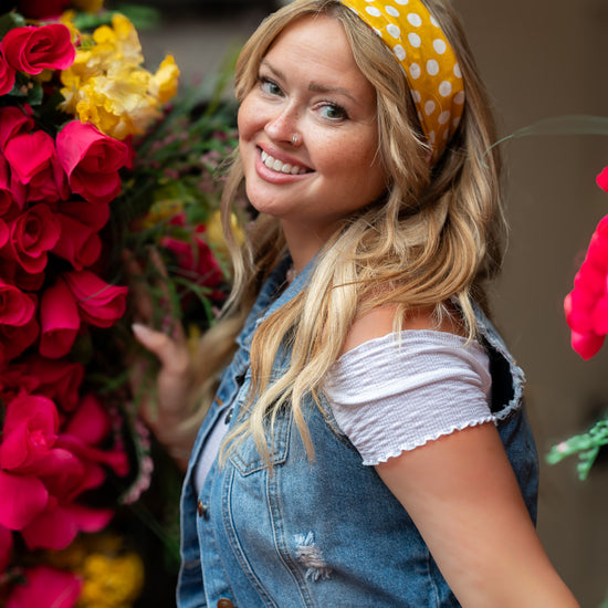 Amanda Bright Designs Original Tie Headband Golden Yellow Polkadot on model