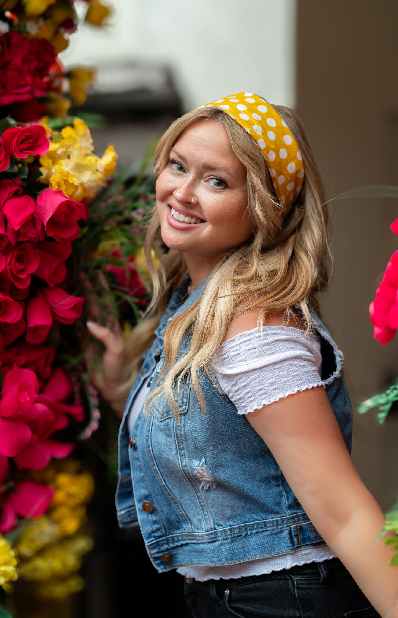 Amanda Bright Designs Original Tie Headband Golden Yellow Polkadot on model