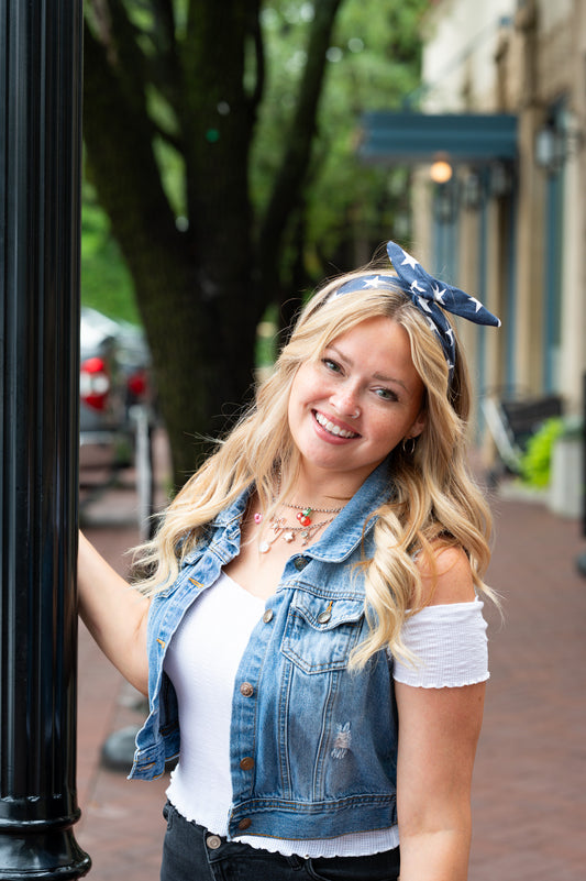 Amanda Bright Designs Denim Stars Headband on model