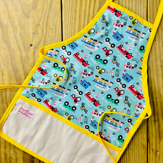 Amanda Bright Designs Children's Zoom Vroom Choo-Choo Apron Ambulance Firetruck Police Car train for cooking baking playtime fun
