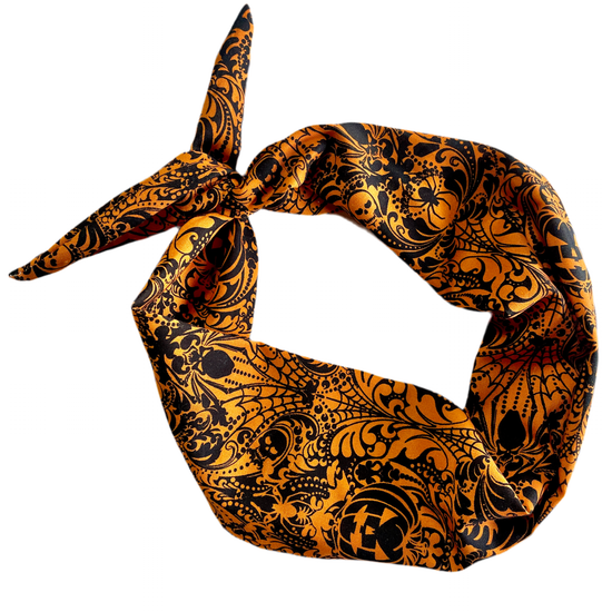 Amanda Bright Designs Jack O Lanterns and Spiders Halloween headband in orange and gray