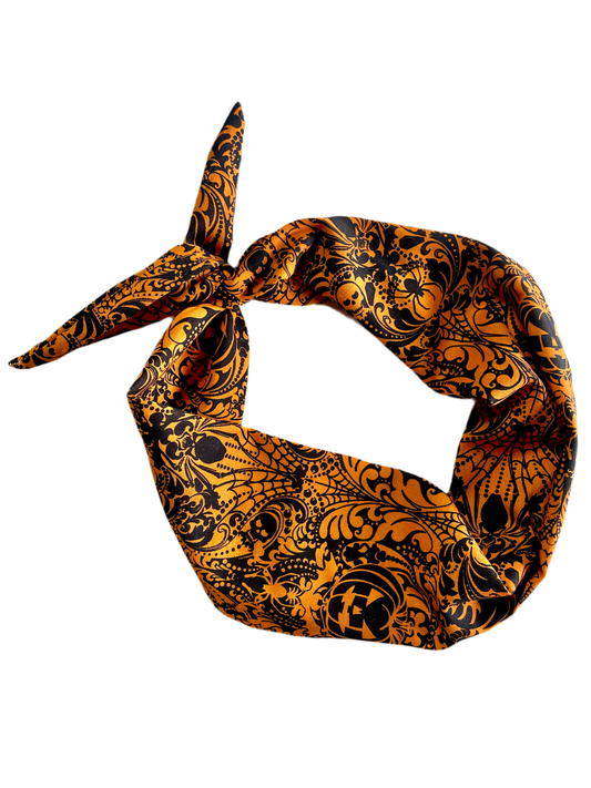 Amanda Bright Designs Jack O Lanterns and Spiders Halloween headband in orange and gray