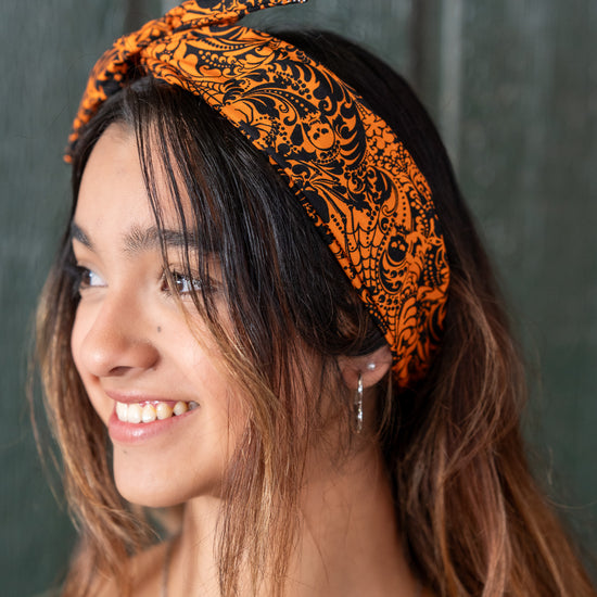 Amanda Bright Designs Jack O Lanterns and Spiders Halloween headband in orange and gray