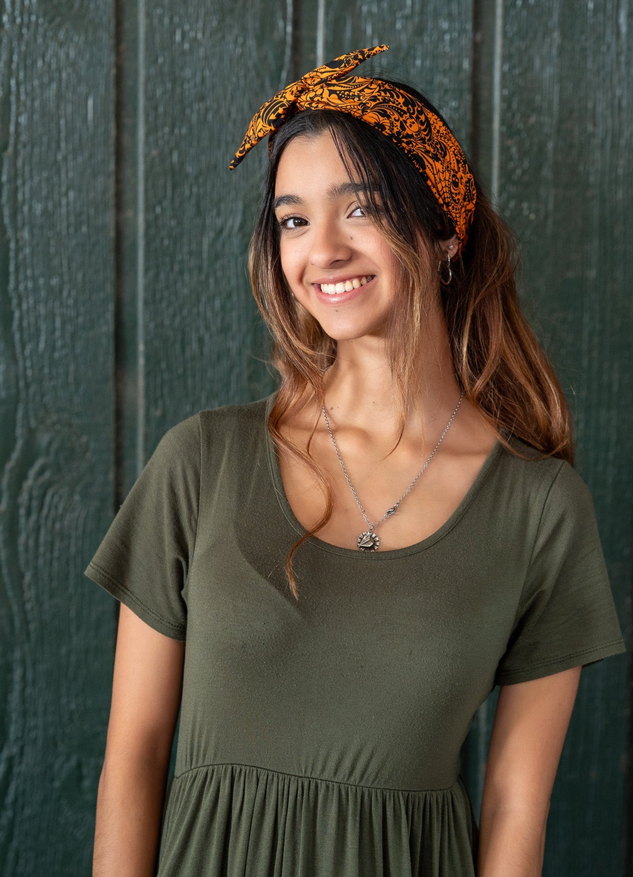 Amanda Bright Designs Jack O Lanterns and Spiders Halloween headband in orange and gray