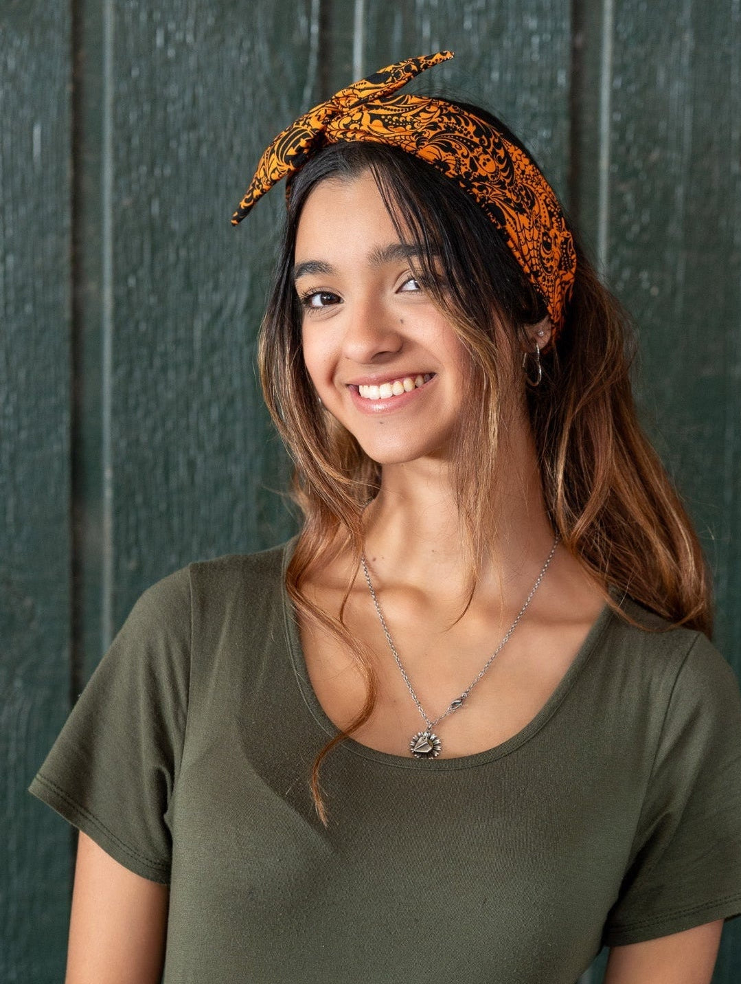 Amanda Bright Designs Jack O Lanterns and Spiders Halloween headband in orange and gray