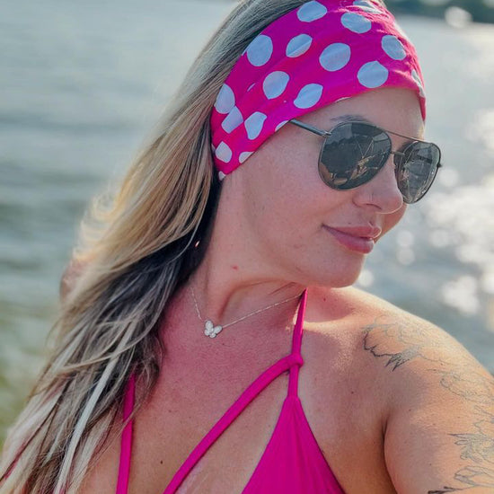Amanda Bright Designs lake time The Original Tie Headband Hot Pink Polkadot on model