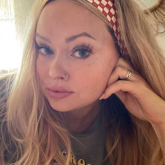 Amanda Bright Designs The Original Tie Headband Orange Check on model