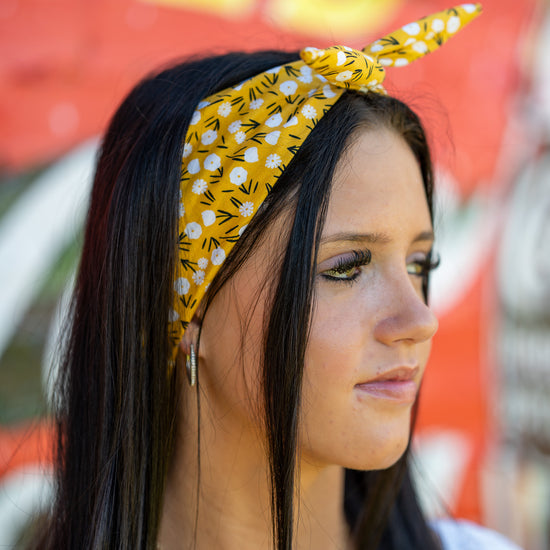 Amanda Bright Designs The Original Tie Headband Yellow Floral midcentury retro on model side view