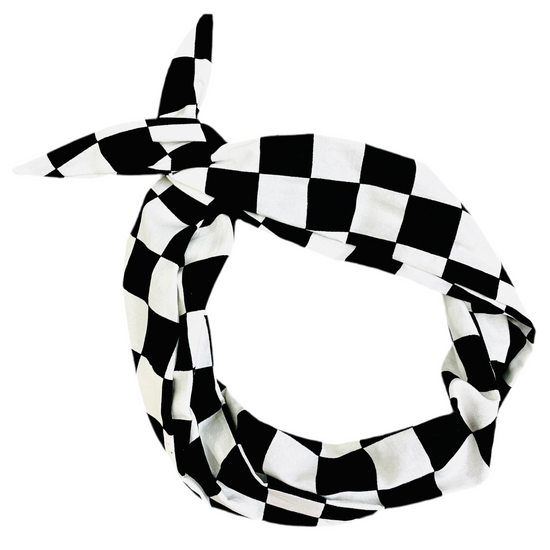 Amanda Bright Designs Black and White Racing Checkered Flag Original Tie Headband for women of all ages