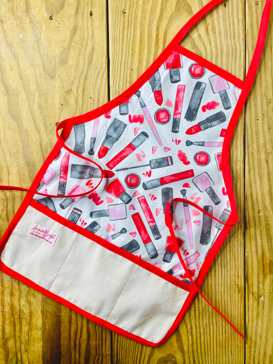 Amanda Bright Designs children's cotton apron mama's makeup lipstick nail polish play time baking fashion plate mascara tutorial