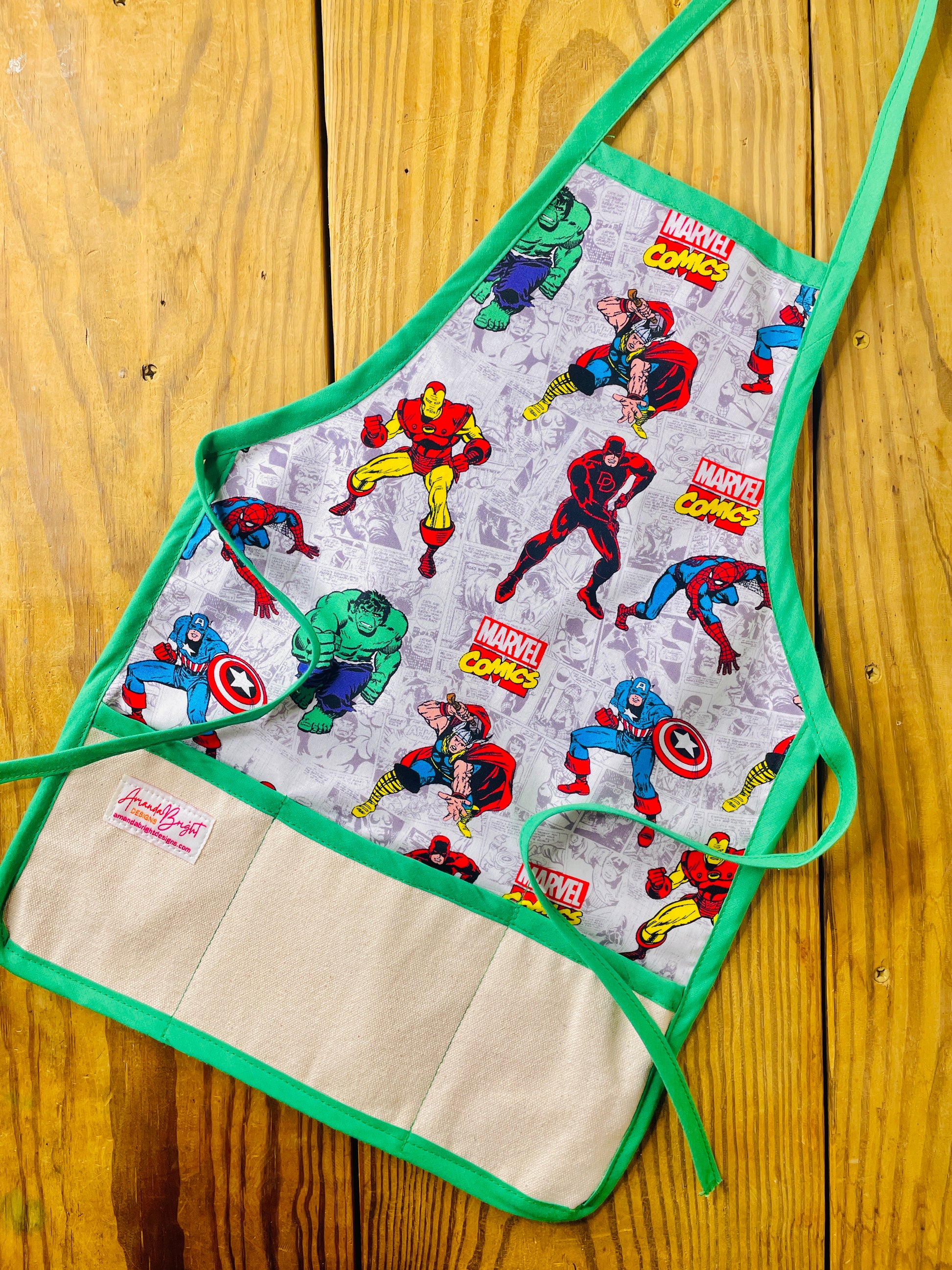 Amanda Bright Designs children's marvel characters apron the hulk Thor Spiderman captain America iron man