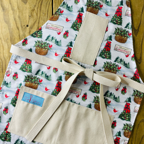 Two Medium Sized Ladies Christmas Forest Apron Merry Christmas Vintage Tree Red Bows Red Cardinals Pine Aspen Spruce Holly Snow Drift