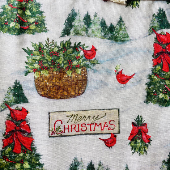 Two Medium Sized Ladies Christmas Forest Apron Merry Christmas Vintage Tree Red Bows Red Cardinals Pine Aspen Spruce Holly Snow Drift Fabric Pattern