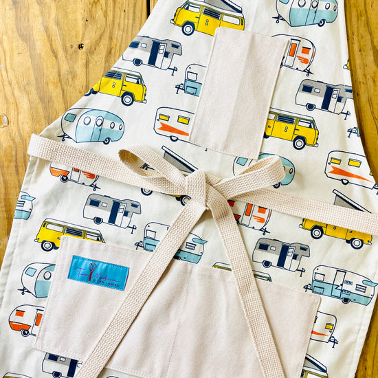 Two Medium Sized Ladies RV trailer travel retro vacation highway national parks Route 66 kitchen apron Felicity