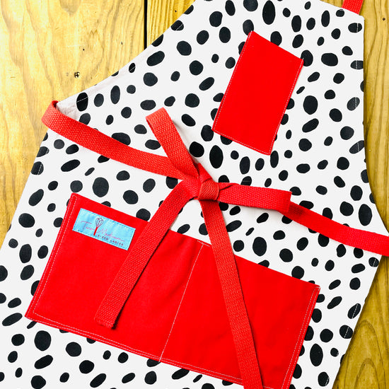 Two Medium Sized Ladies Dalmatian Print Cotton Canvas Apron with Red Pockets and Strings Adult Size