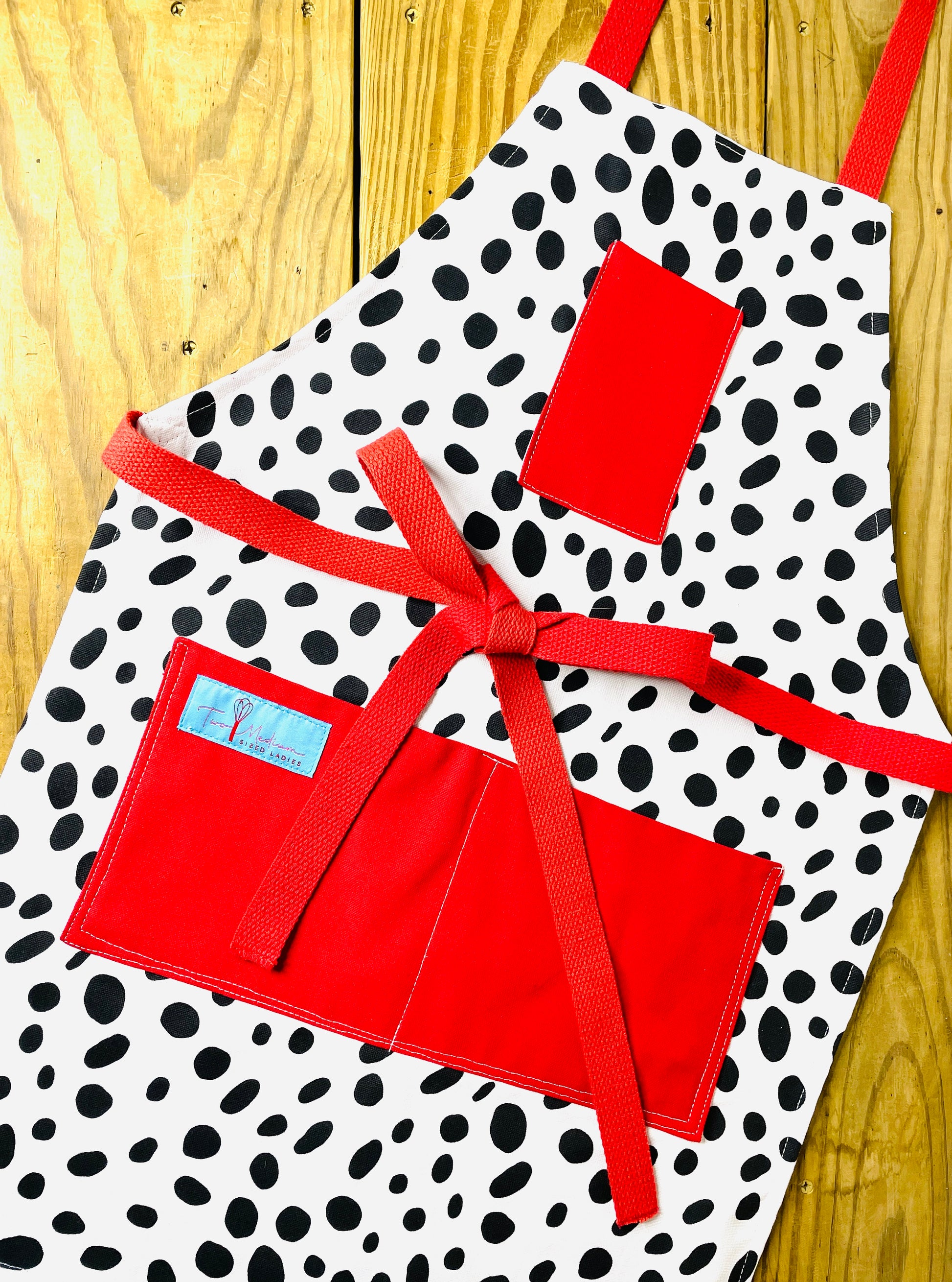 Two Medium Sized Ladies Dalmatian Print Cotton Canvas Apron with Red Pockets and Strings Adult Size