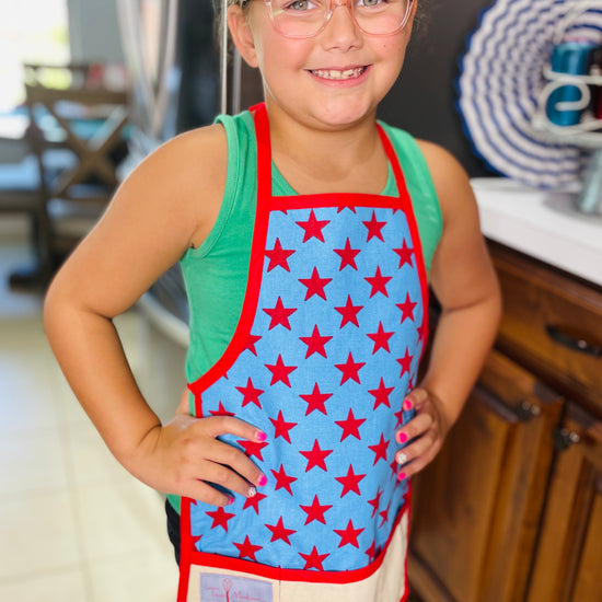 Two Medium Sized Ladies childrens apron Americana BBQ Cooking Baking red stars blue background American flag style USA