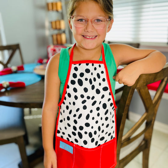 Two Medium Sized Ladies Dalmatian Print Children's Apron part of Mommy & Me Apron Set for baking cooking time together in the kitchen