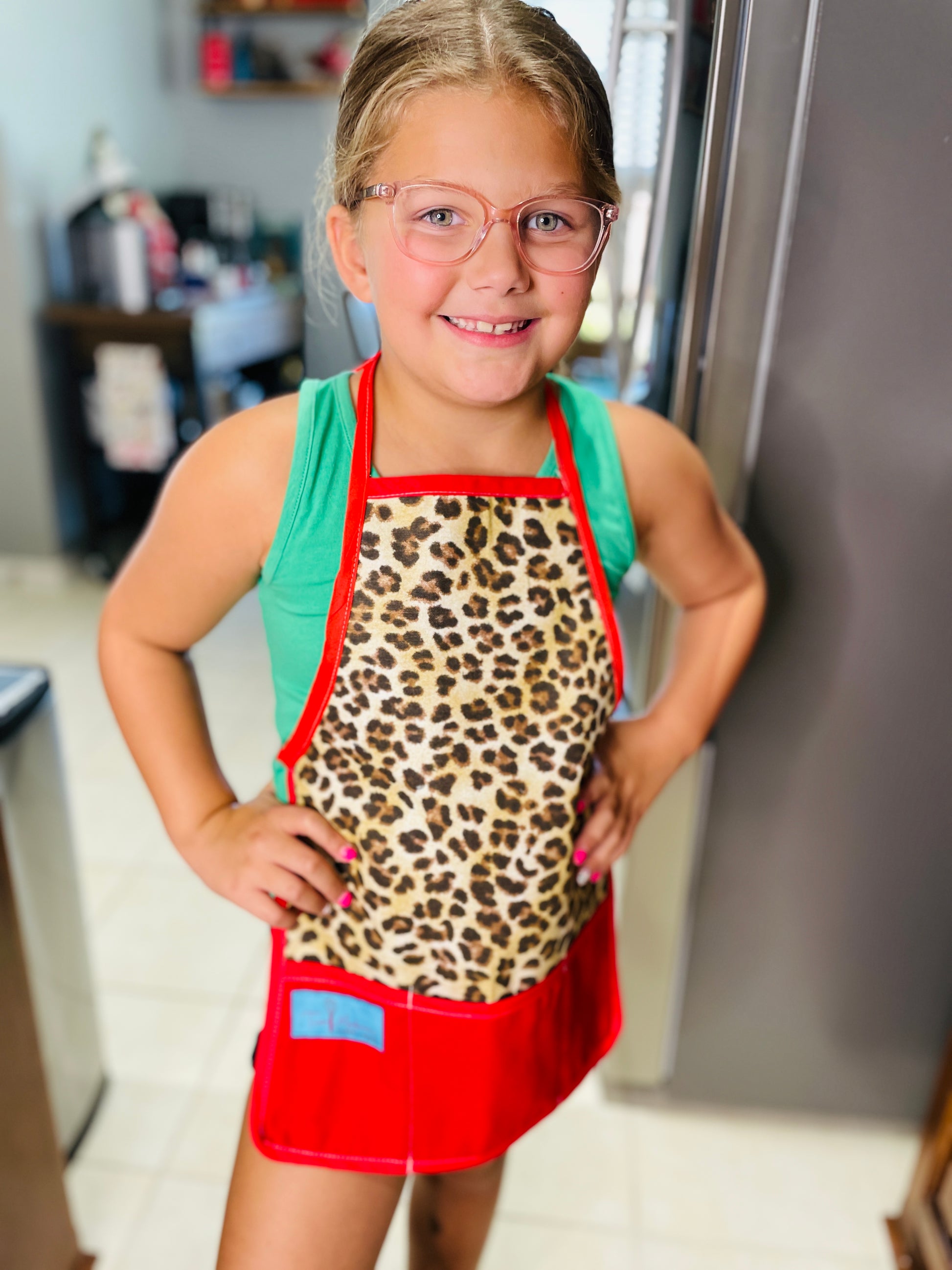Two Medium Sized Ladies Leopard print Mommy & Me Apron Set Children's Apron for baking cooking family time in kitchen kids