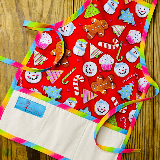 Two Medium Sized Ladies Gingerbread man cupcake snowman candy cane tree Christmas cookie sweet treats children's apron with rainbow trim and apron strings