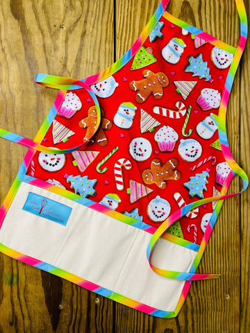 Two Medium Sized Ladies Gingerbread man cupcake snowman candy cane tree Christmas cookie sweet treats children's apron with rainbow trim and apron strings