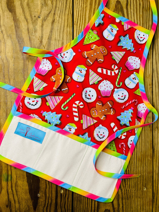 Two Medium Sized Ladies Gingerbread man cupcake snowman candy cane tree Christmas cookie sweet treats children's apron with rainbow trim and apron strings