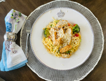 Two Medium Sized Ladies Crispy Chicken Tender Pasta Primavera recipe featuring red pepper broccoli florets spaghetti parmesan cheese cook on stovetop or grill