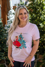 Amanda Bright Designs A Very Merry Christmas vintage style pink graphic t-shirt 1950s woman decorating christmas tree