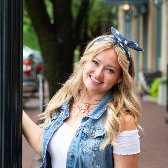 Amanda Bright Designs Denim Stars Headband on model