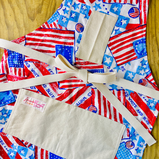 Amanda Beight Designs vintage fabric aprons with American flag design in red white and blue Stars and Stripes 