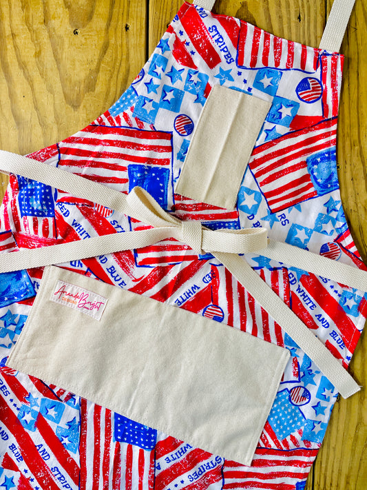 Amanda Beight Designs vintage fabric aprons with American flag design in red white and blue Stars and Stripes 