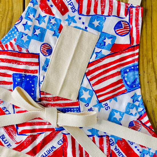Amanda Bright Designs USA American flag toss up vintage fabric, apron, red, white and blue stars and stripes