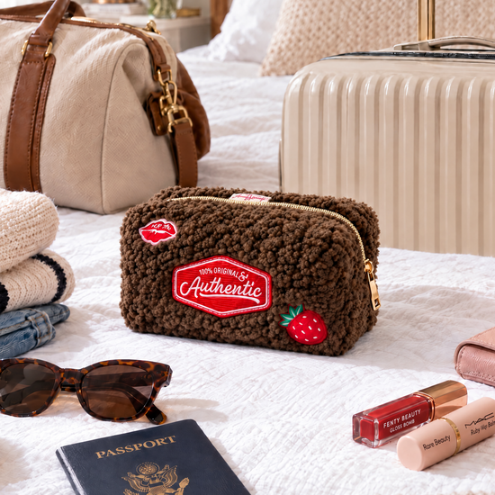 Amanda Bright Designs Authentic Sherpa Makeup Bag chocolate brown with red custom embellished patches