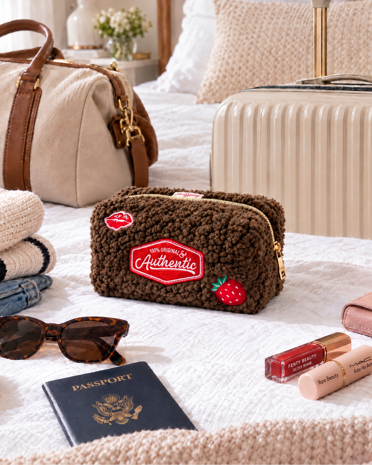 Amanda Bright Designs Authentic Sherpa Makeup Bag chocolate brown with red custom embellished patches