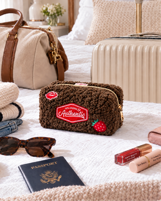 Amanda Bright Designs Authentic Sherpa Makeup Bag chocolate brown with red custom embellished patches