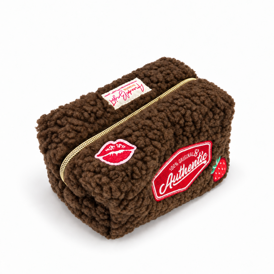 Amanda Bright Designs Authentic Sherpa Makeup Bag chocolate brown with red custom embellished patches