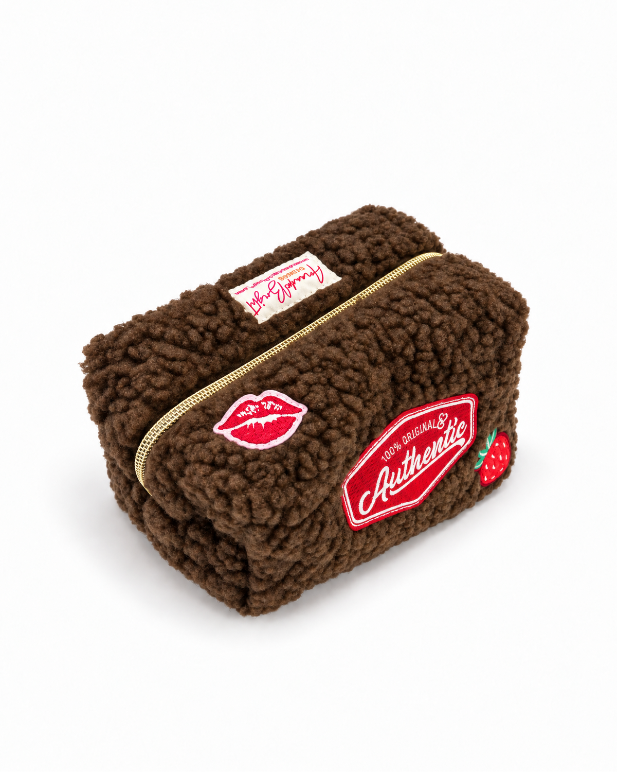 Amanda Bright Designs Authentic Sherpa Makeup Bag chocolate brown with red custom embellished patches