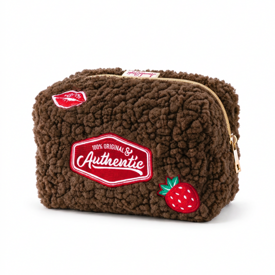 Amanda Bright Designs Authentic Sherpa Makeup Bag chocolate brown with red custom embellished patches