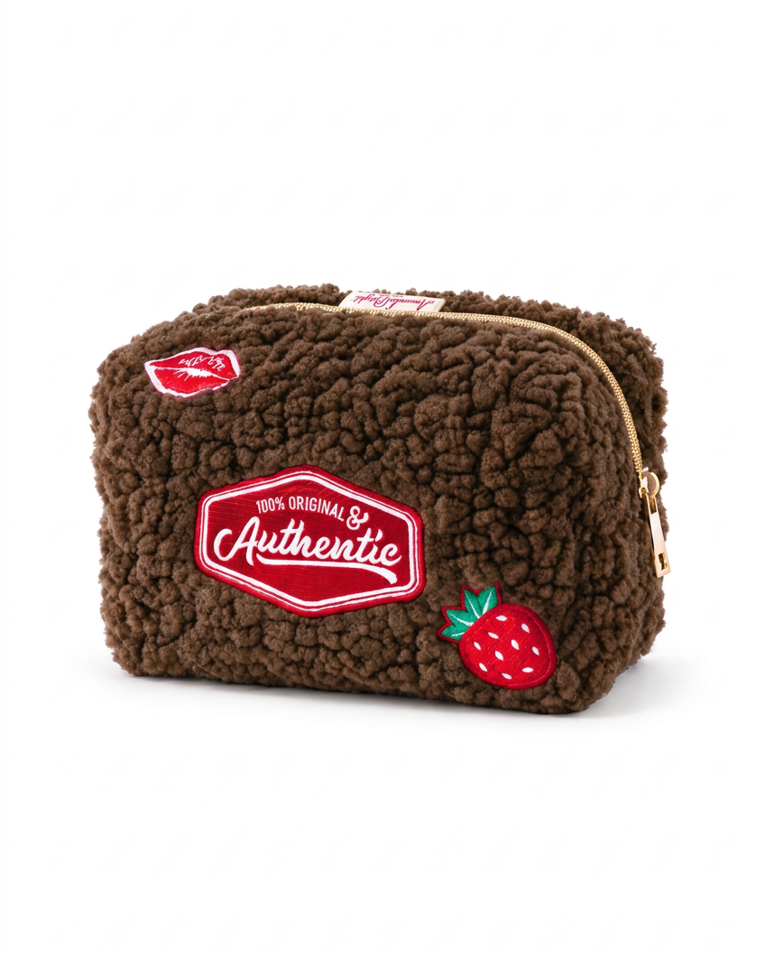 Amanda Bright Designs Authentic Sherpa Makeup Bag chocolate brown with red custom embellished patches