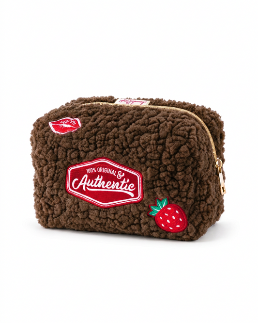 Amanda Bright Designs Authentic Sherpa Makeup Bag chocolate brown with red custom embellished patches
