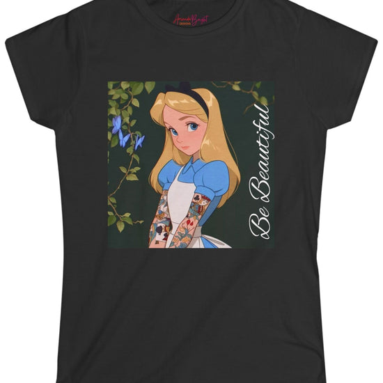 Amanda Bright Designs graphic tshirt Be Beautiful series Alice in Wonderland tattooed sleeve black short-sleeve t-shirt with a graphic print of Alice from Alice in Wonderland, featuring her blonde hair, blue dress, and the text 'Be Beautiful' written vertically on the right side of the graphic.
