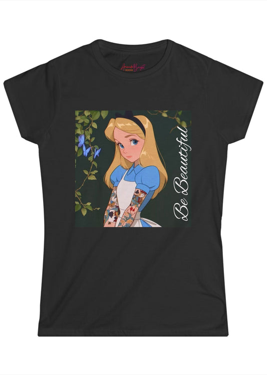 Amanda Bright Designs graphic tshirt Be Beautiful series Alice in Wonderland tattooed sleeve black short-sleeve t-shirt with a graphic print of Alice from Alice in Wonderland, featuring her blonde hair, blue dress, and the text 'Be Beautiful' written vertically on the right side of the graphic.
