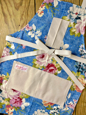 Amanda Bright Designs Betty Apron Summer Roses Blue Background Denim