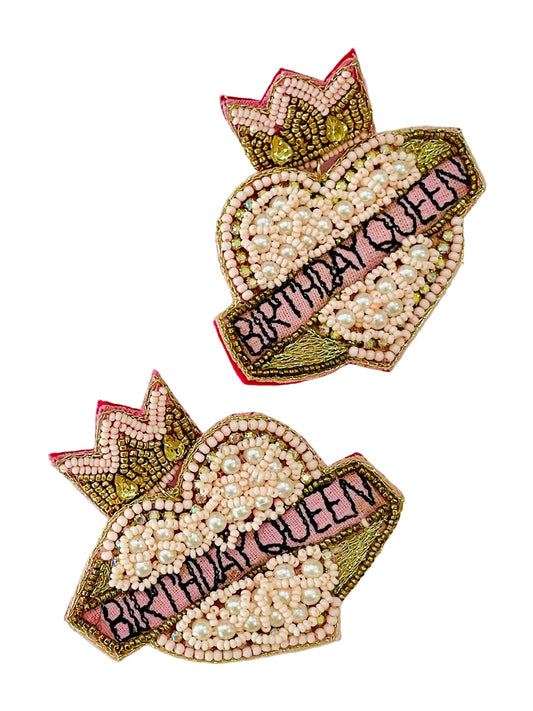 Birthday Queen Pink Crown Heart Earrings