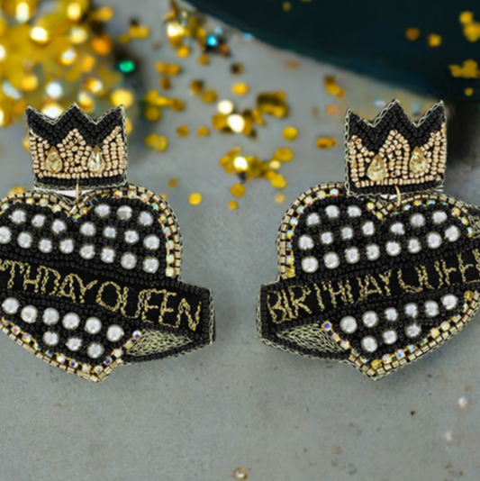Birthday Queen Black & Gold Crown Heart Earrings