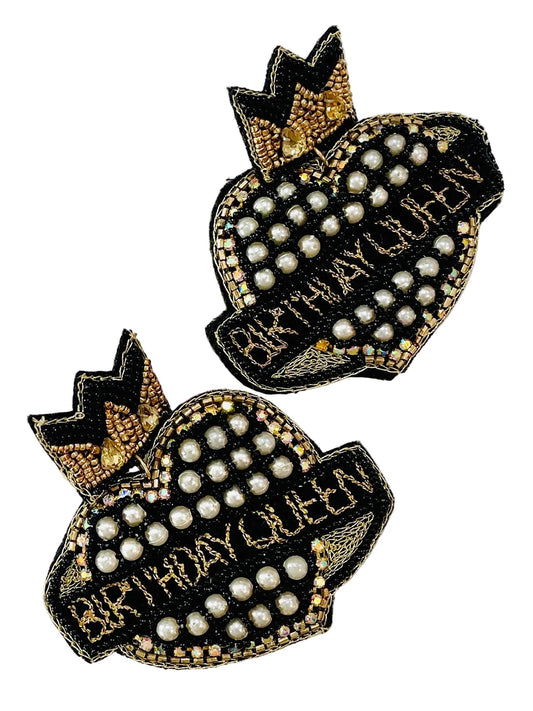 Birthday Queen Black & Gold Crown Heart Earrings