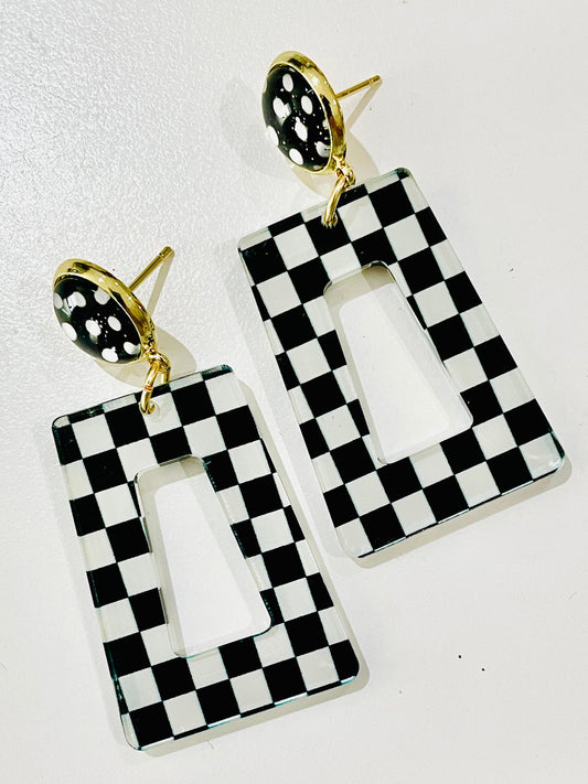 Checkered Polka Dot Acrylic Dangle Earrings