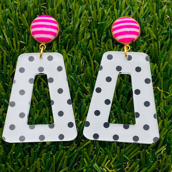 Amanda Bright Designs Black and White Polkadot with Pink Striped Button Earrings on grass background
