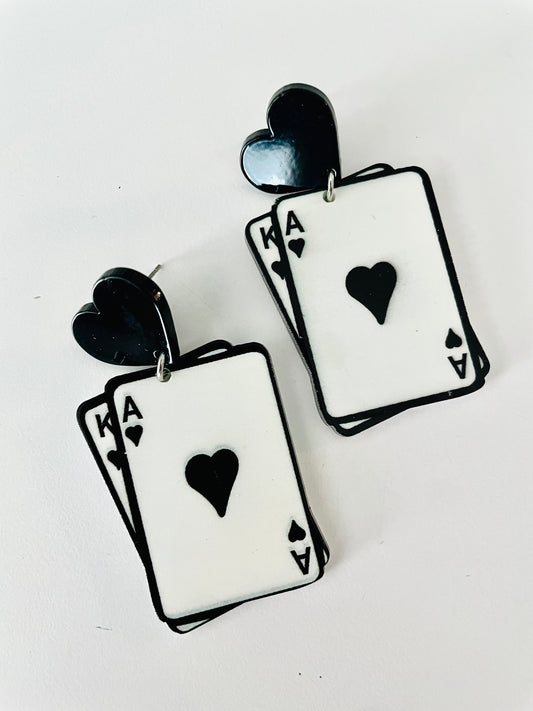 Heart Playing Card Black and White Earrings